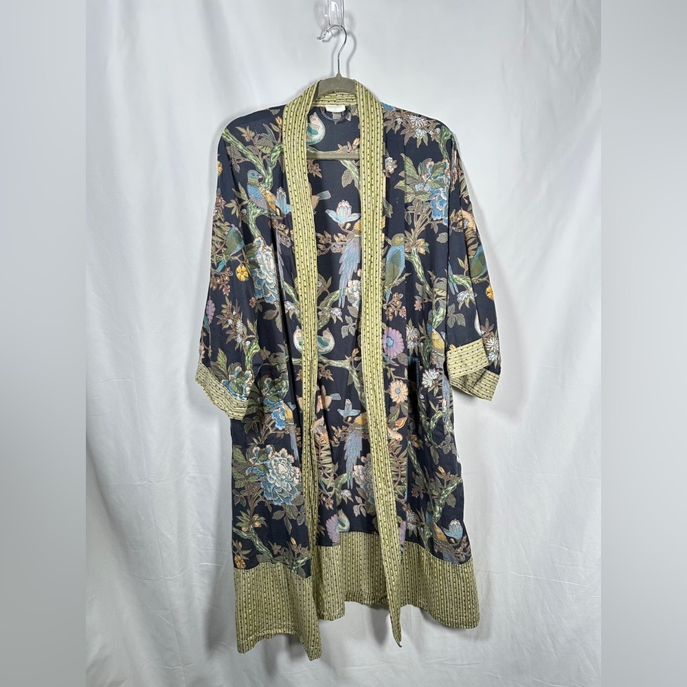 Handprint Cotton Boho Kimono Duster Robe Bird Floral Print OS Black - Picture 2 of 12